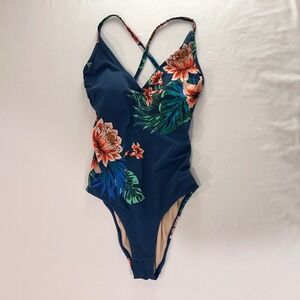Kona Sol Tropical Floral One Piece Swimsuit Womens Medium Teal Blue | Coastal